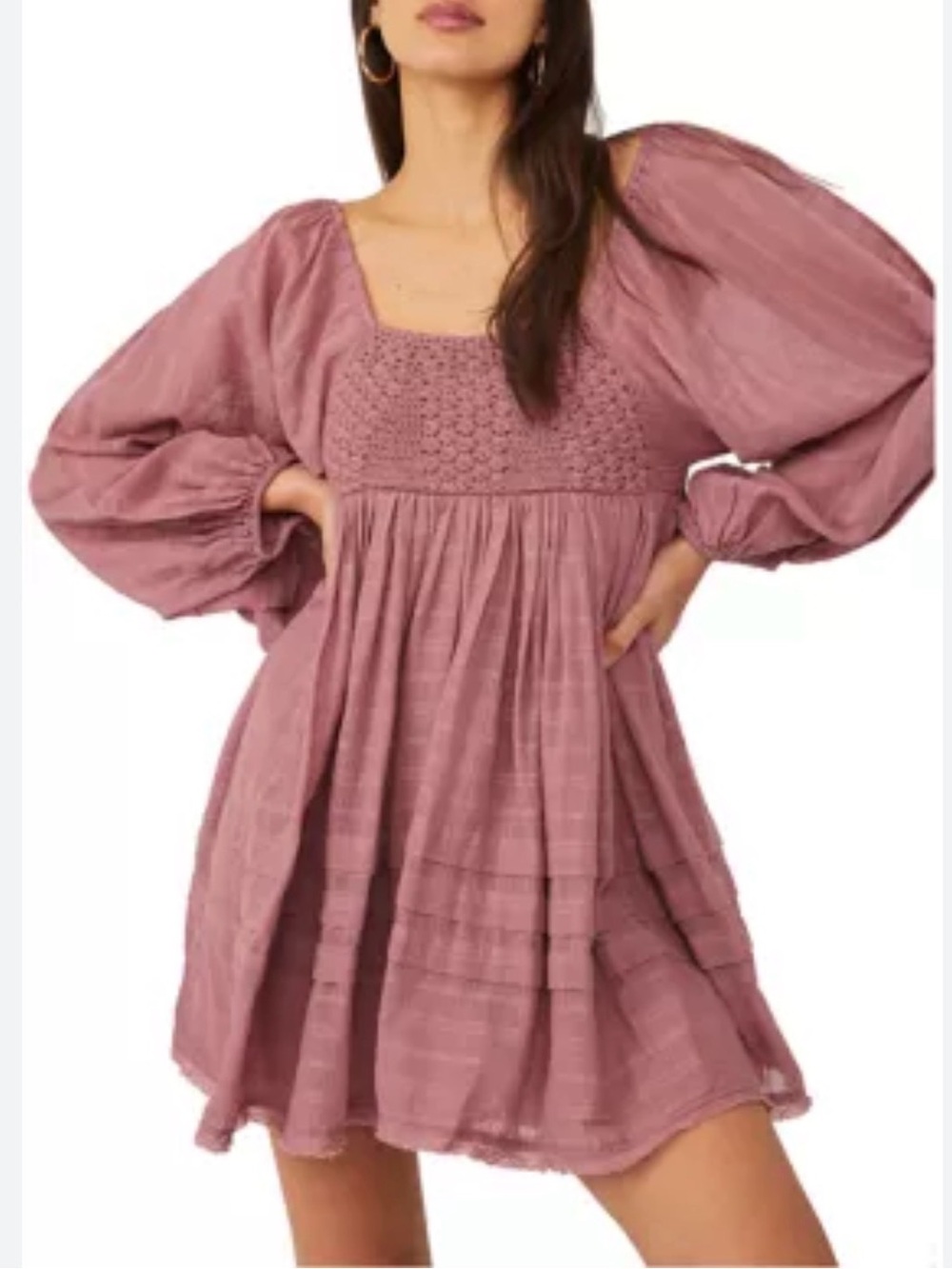 Free People Ari Mini Peasant Balloon Sleeve Smocked Back Crochet Dress Pink
